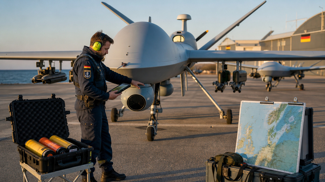 Homem com fones verdes verifica drone militar cinza em área externa com mapas e equipamentos ao redor.