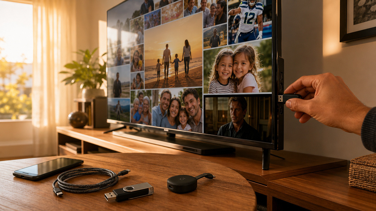 Pessoa conectando pen drive em TV exibindo fotos de família em sala com mesa de madeira e luz natural.
