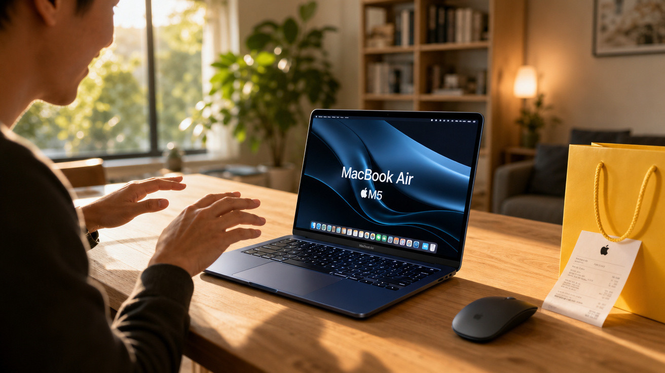 Pessoa usando MacBook Air M5 azul em mesa de madeira com sacola amarela e mouse sem fio ao lado.
