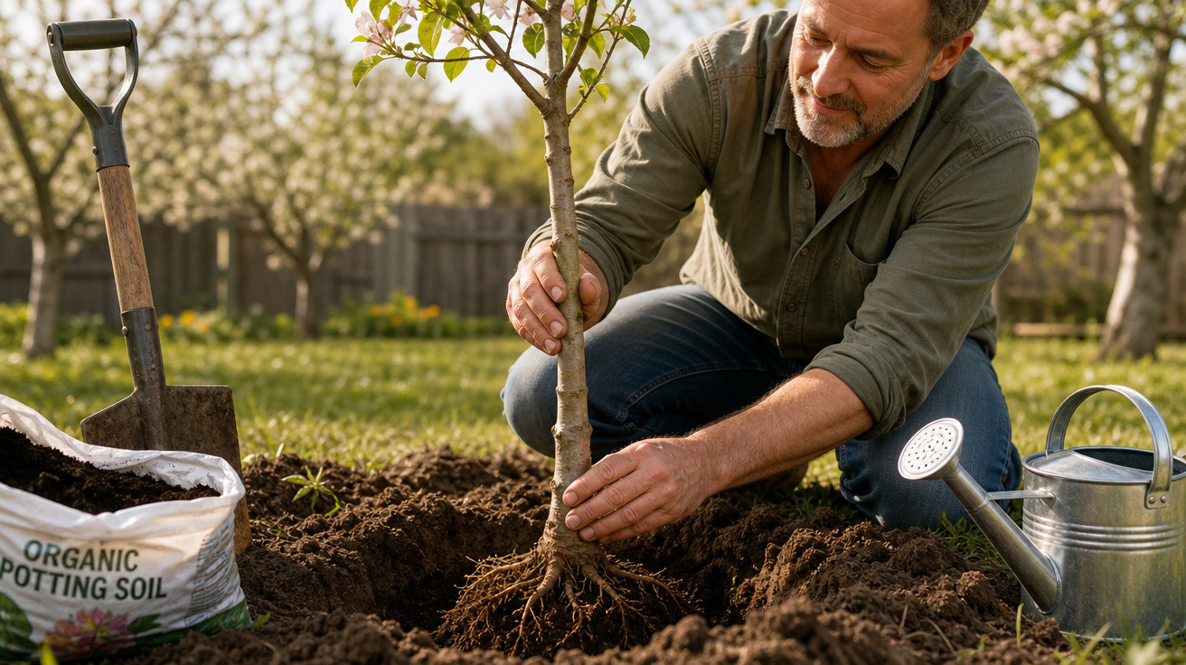 Homem plantando árvore jovem no jardim, com pá, regador e saco de terra orgânica ao redor.
