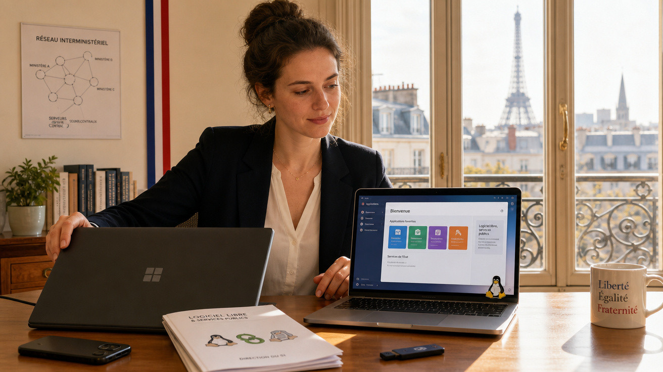 Mulher sentada em escritório com laptop aberto mostrando software, papéis na mesa e vista da Torre Eiffel ao fundo.