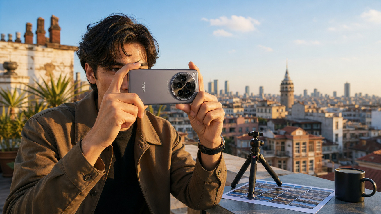 Jovem usando casaco marrom tira foto com smartphone em terraço com vista urbana ao pôr do sol.
