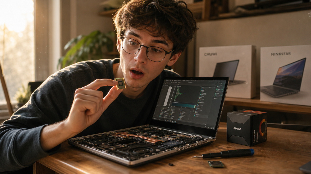 Jovem com óculos segurando um chip de computador perto de notebook aberto em mesa de madeira.