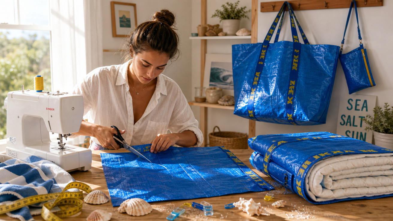 Mulher cortando tecido azul da Ikea em ambiente claro com máquina de costura e conchas sobre a mesa.