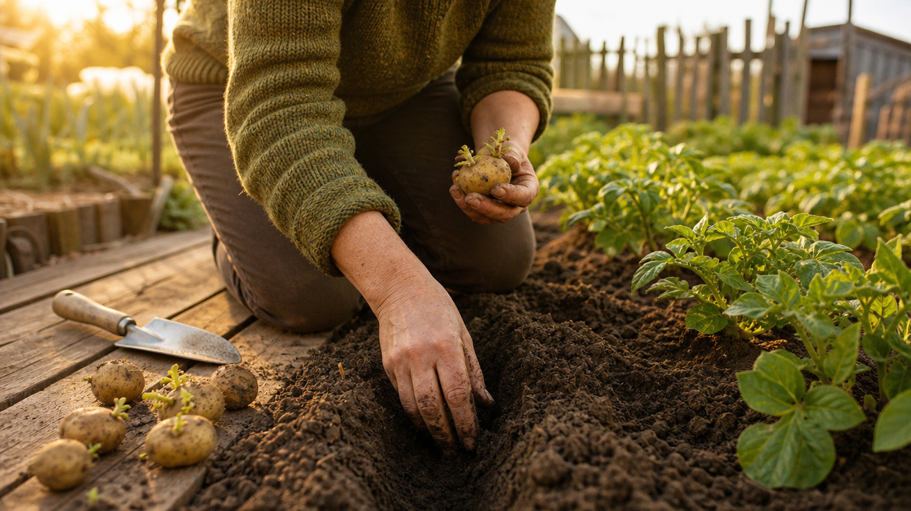 Pessoa plantando batatas em solo fértil em uma horta ao entardecer.