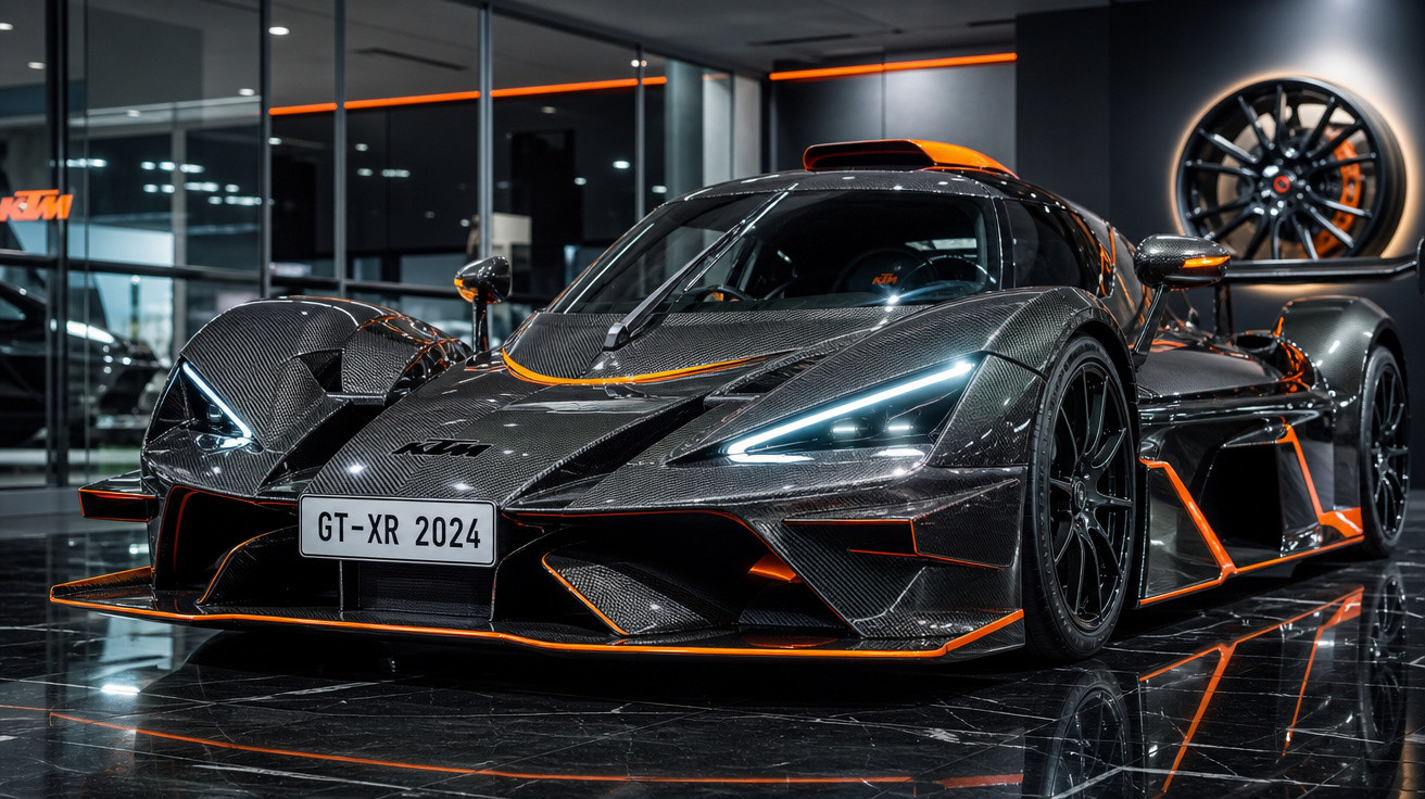 Carro esportivo KTM GT-XR 2024 preto com detalhes em laranja em showroom moderno.