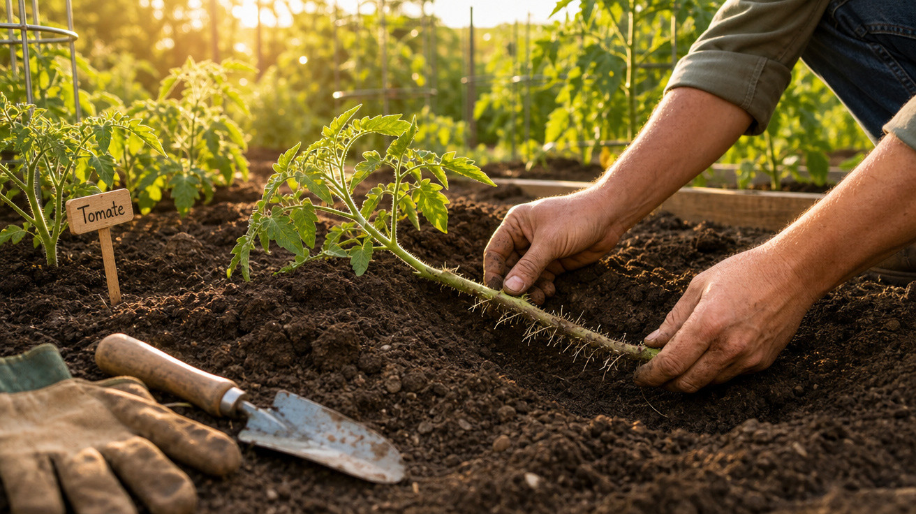 Mãos plantando muda de tomate em solo fértil com luvas e pá ao lado em horta ensolarada.