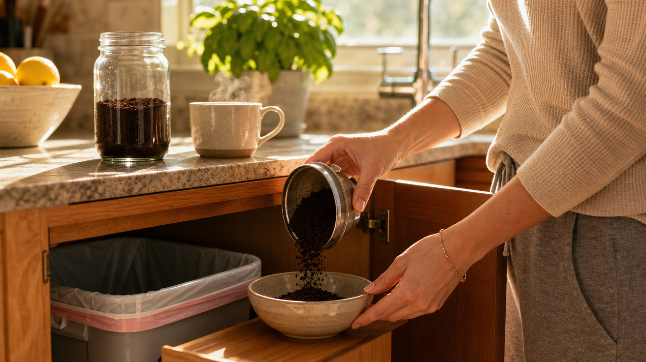 Pessoa despejando pó de café em uma tigela na cozinha com luz natural e plantas ao fundo.