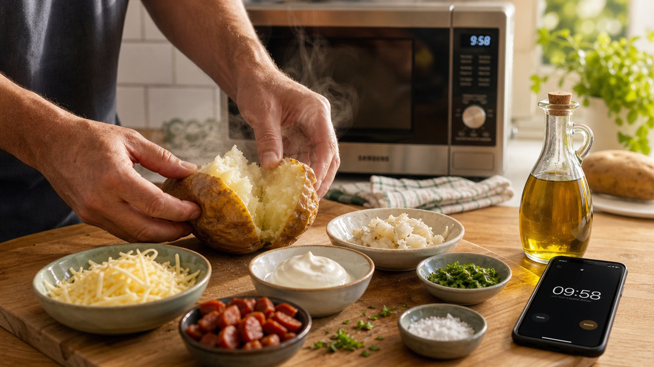 Mãos abrindo batata assada ao lado de tigelas com ingredientes e celular em bancada de cozinha.