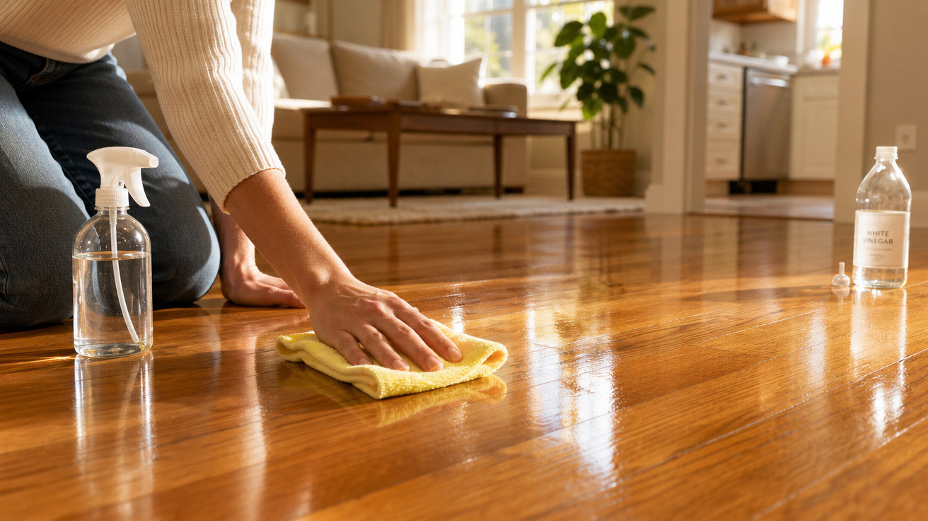 Pessoa limpando chão de madeira com pano amarelo e frascos de spray e vinagre branco ao redor.