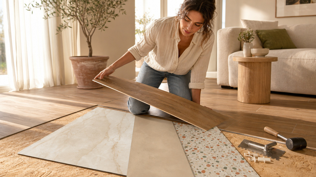Mulher instalando piso vinílico em sala com plantas e móveis em madeira clara.