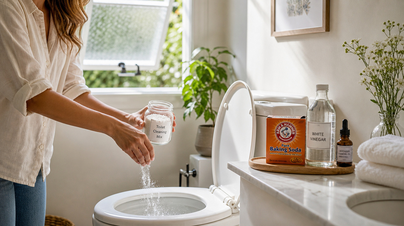Pessoa despejando mistura de limpeza em vaso sanitário com produtos de limpeza naturais ao lado.