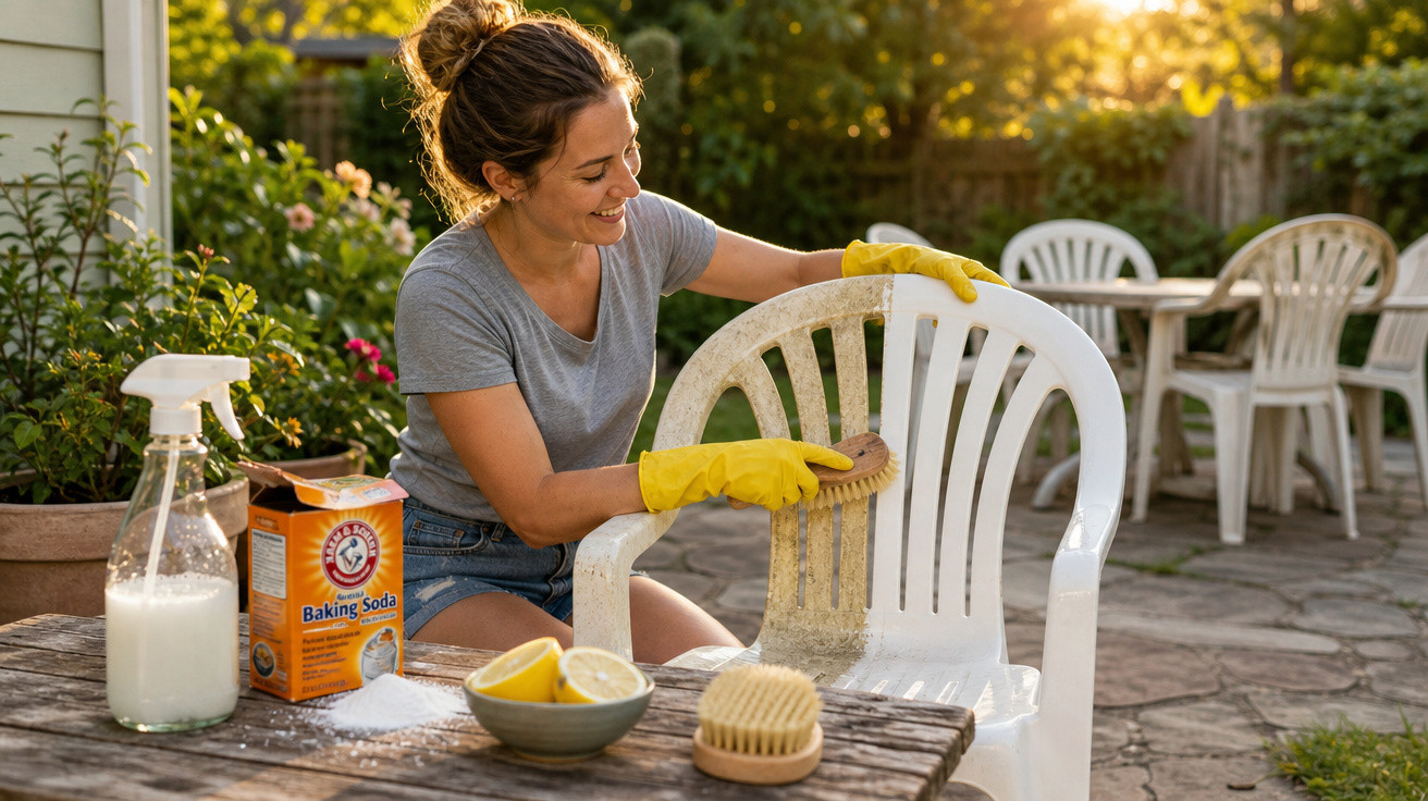 Mulher sorridente limpando cadeira plástica branca com escova, usando luvas amarelas no jardim ao entardecer.
