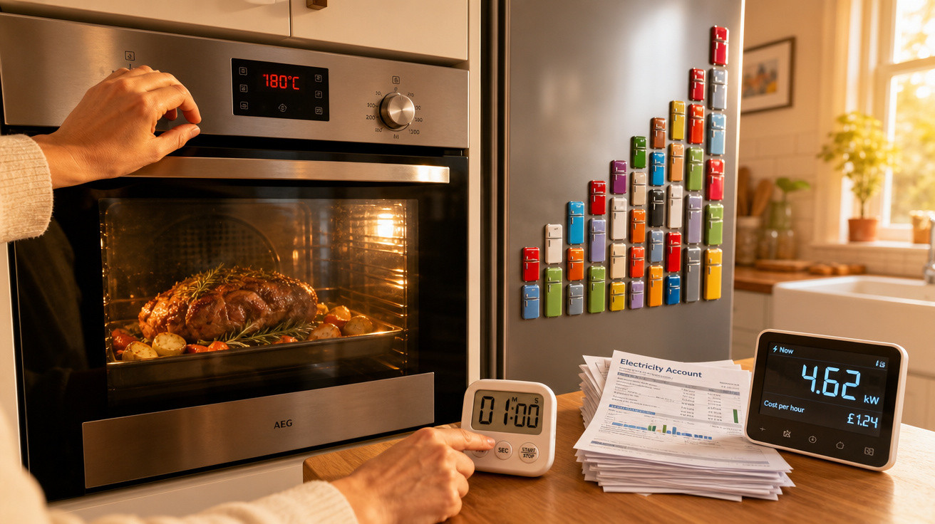 Pessoa ajustando forno elétrico com assado, timer, conta de energia e monitor de consumo em cozinha iluminada.