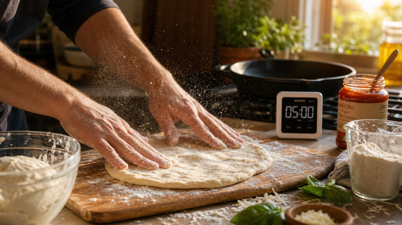 Mãos amassando massa de pizza em bancada de madeira com ingredientes e timer ao fundo.