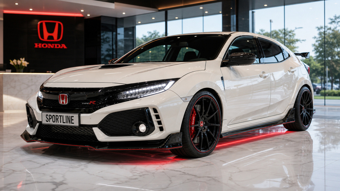 Carro branco Honda Civic Type R Sportline em showroom com iluminação vermelha no chão e logo Honda ao fundo.