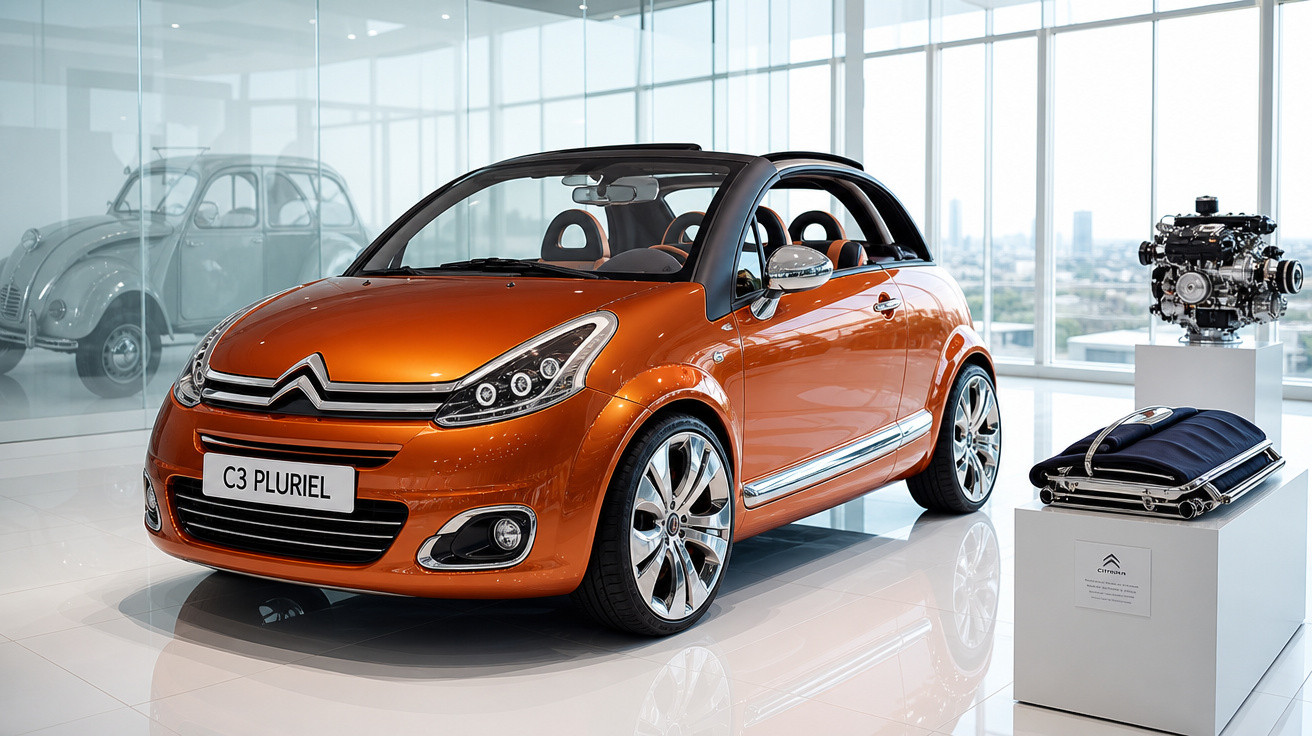 Carro laranja Citroën C3 Pluriel em salão com vidro e motor exposto ao fundo.