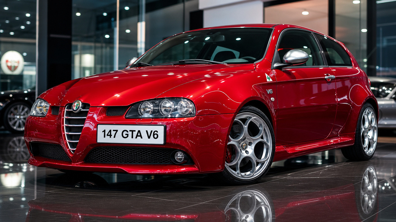 Carro esportivo Alfa Romeo 147 GTA V6 vermelho em exposição interna com piso refletivo.
