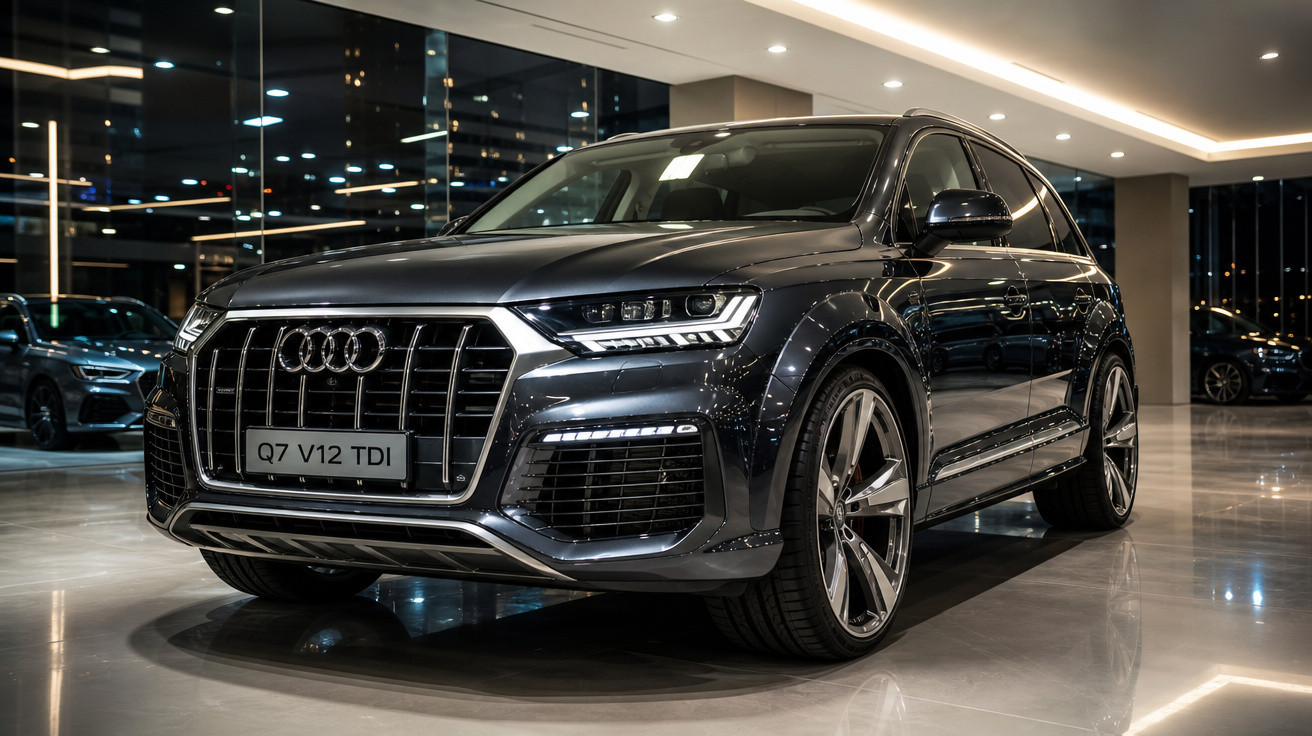 Carro branco Audi Q7 em movimento em estrada rural com céu nublado e plantações ao fundo.