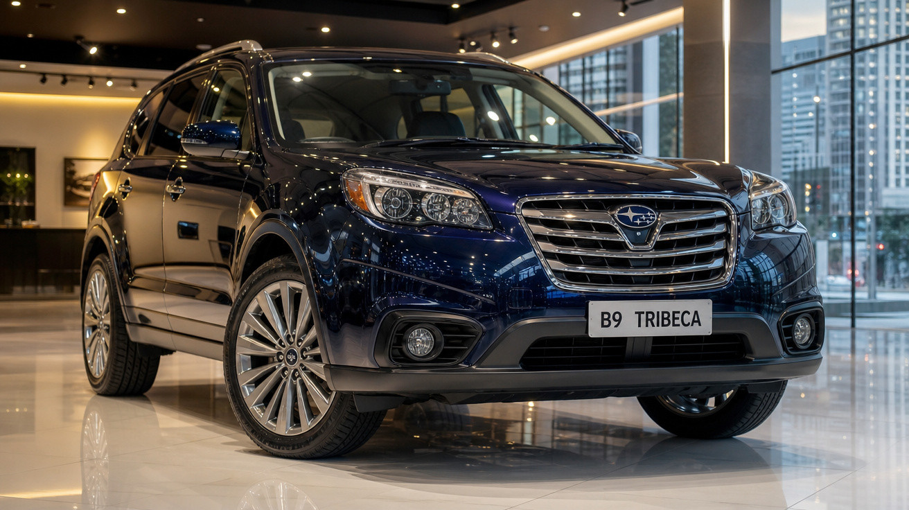 SUV azul metálico Subaru B9 Tribeca em showroom moderno com janelas grandes e iluminação interna.
