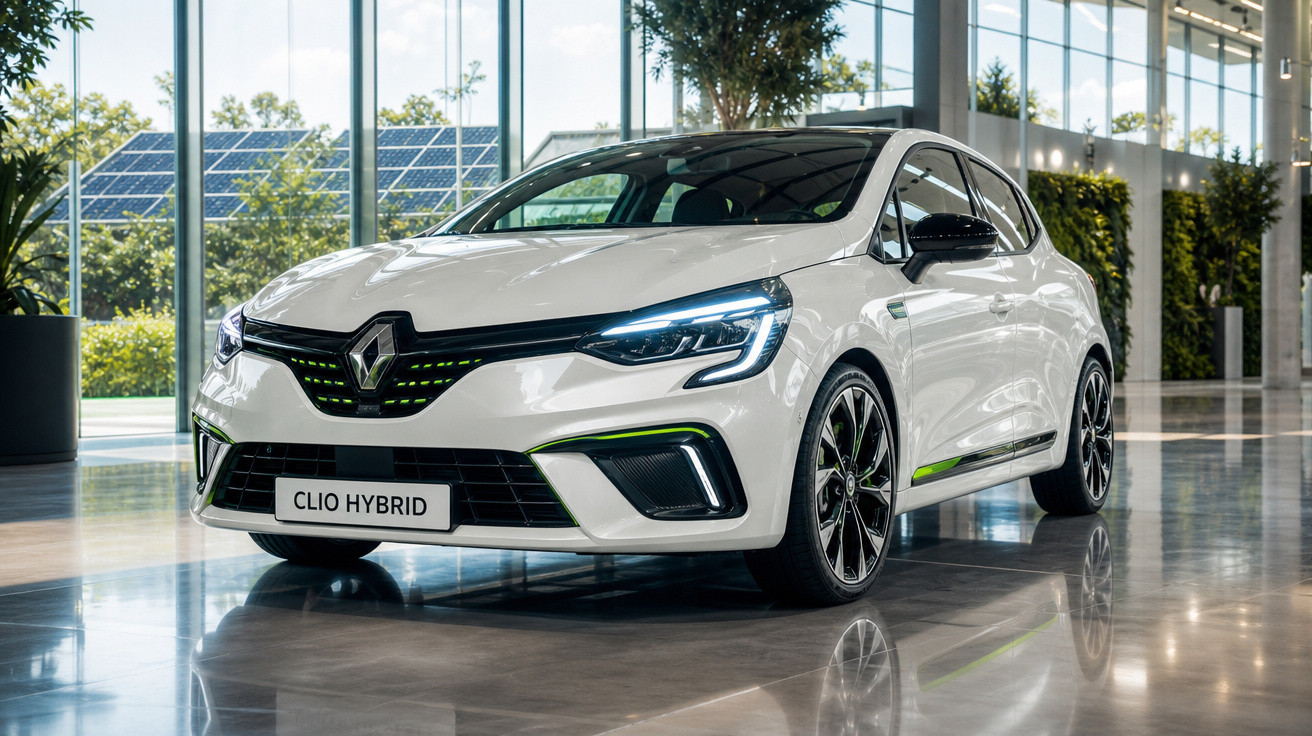 Carro branco Renault Clio Hybrid estacionado em ambiente interno moderno com vidros e plantas.