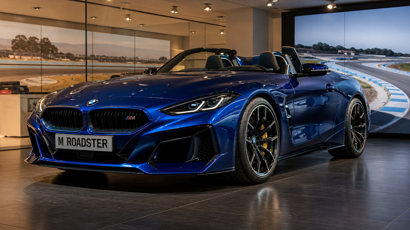 Carro esportivo BMW M Roadster azul conversível em showroom moderno com pista ao fundo.