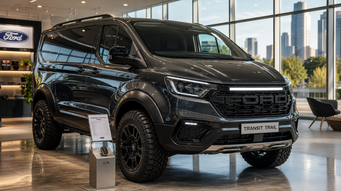 Van Ford Transit Trail preta em exposição dentro de showroom moderno com vidros amplos.