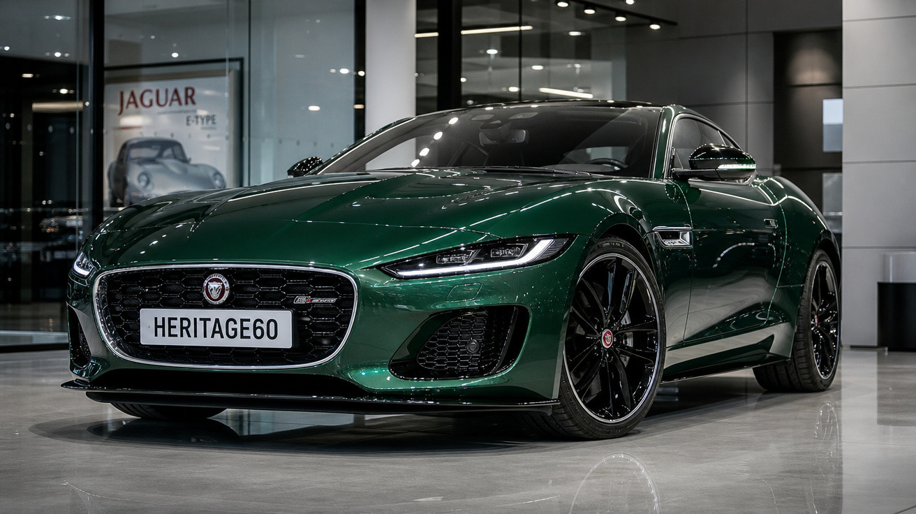 Carro esportivo Jaguar verde metálico em exposição interna, com faróis acesos e rodas pretas.