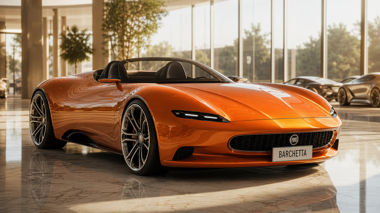 Carro esportivo conversível laranja Fiat Barchetta exibido em showroom moderno com piso de mármore.