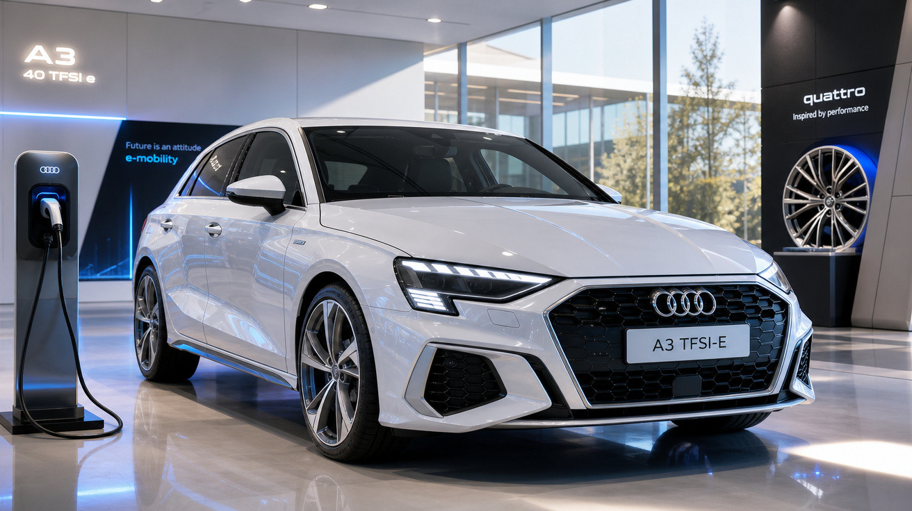 Carro branco Audi A3 TFSI-e estacionado em showroom moderno com estação de recarga elétrica ao lado.