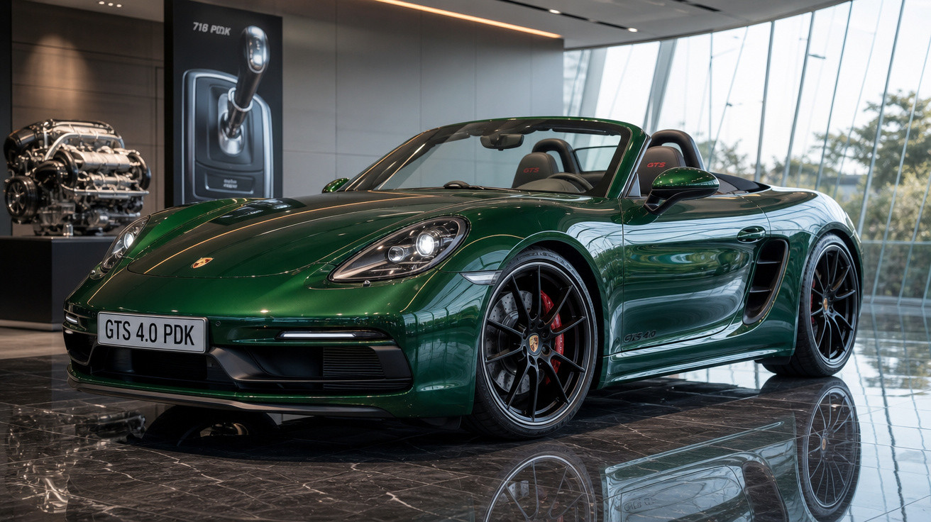 Carro esportivo conversível Porsche verde GTS 4.0 PDK exibido em salão com piso espelhado.