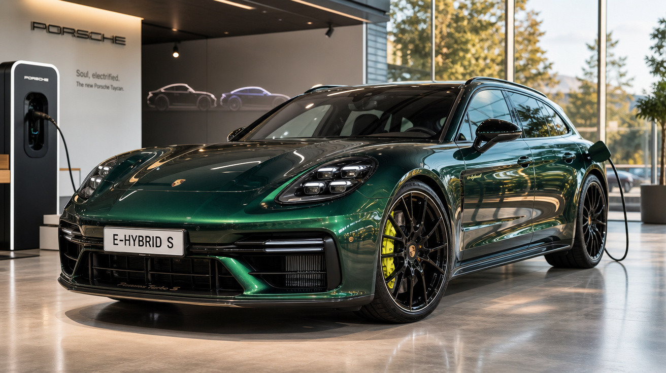 Carro esportivo Porsche E-Hybrid S verde carregando em estação de energia dentro de showroom.