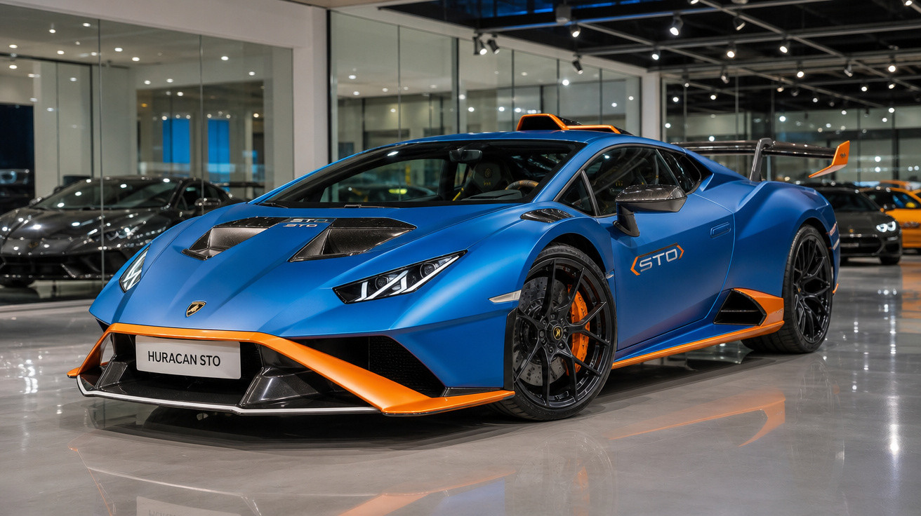 Carro esportivo Lamborghini Huracan STO azul com detalhes laranja em garagem moderna e iluminada.