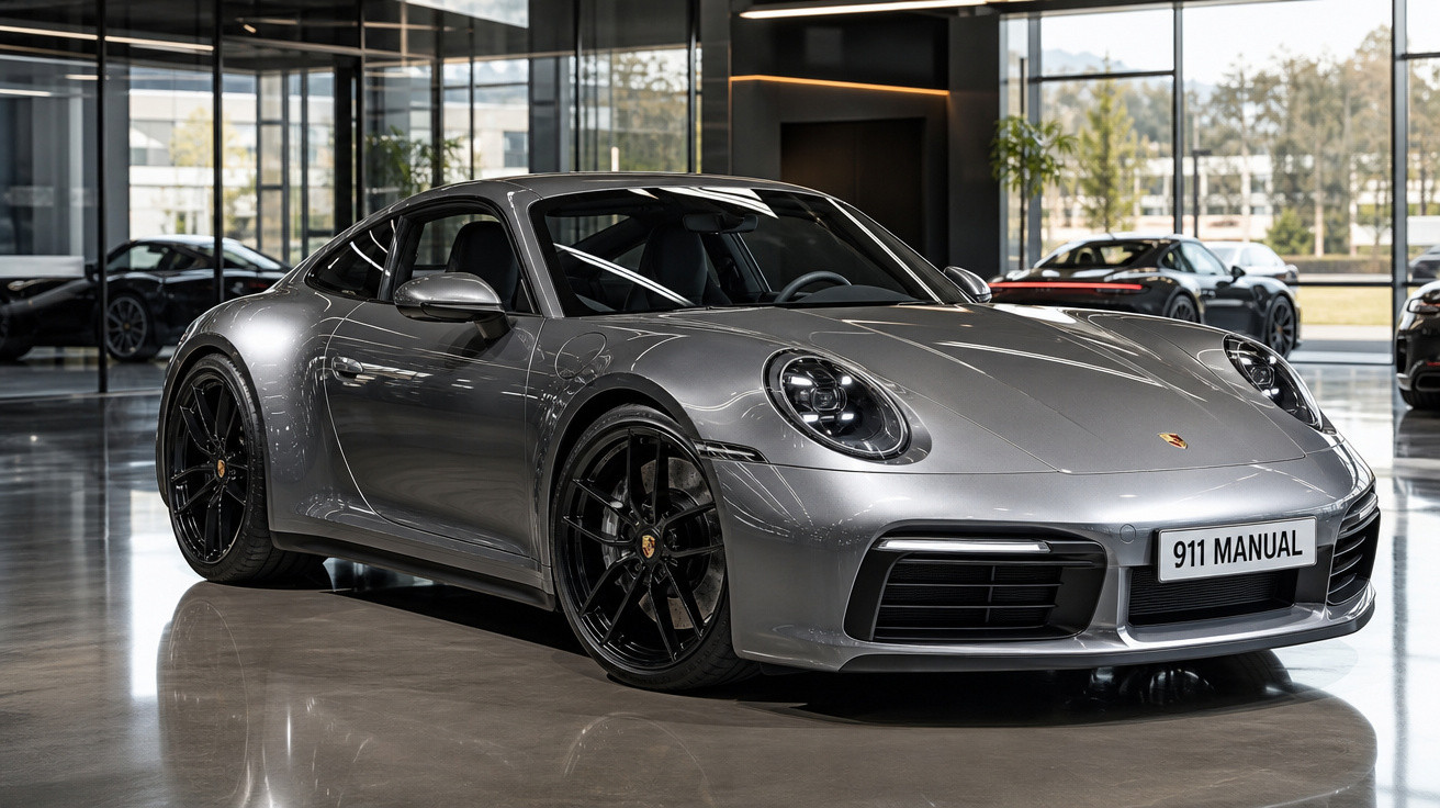 Carro esportivo Porsche 911 prata estacionado em showroom moderno com grandes janelas e piso reflexivo.
