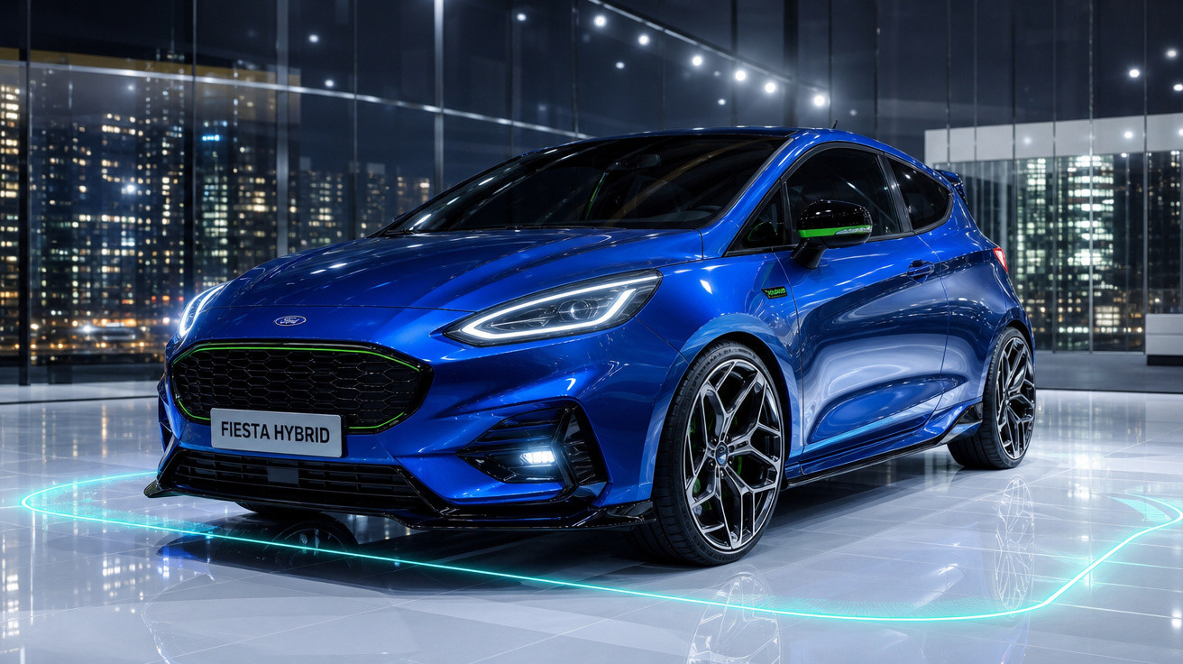 Carro Ford Fiesta Hybrid azul em ambiente moderno com piso refletivo e iluminação urbana ao fundo.