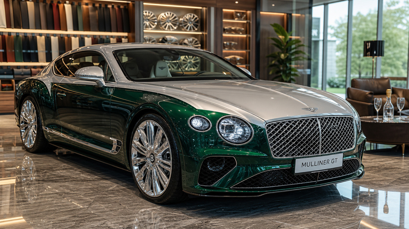 Bentley Mulliner GT verde e prata exibido em ambiente interno sofisticado com piso de mármore e estantes ao fundo.