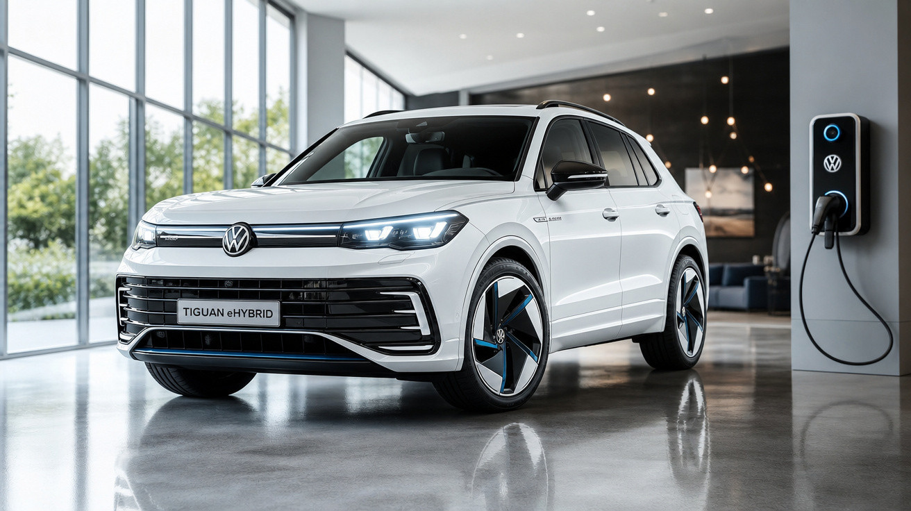 Carro branco Volkswagen Tiguan eHybrid estacionado em showroom moderno com carregador elétrico na parede.