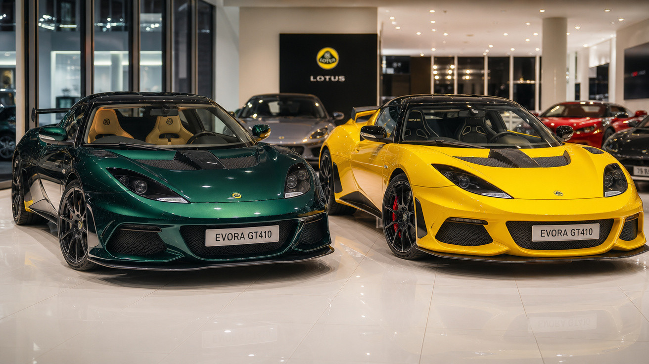 Dois carros esportivos Lotus Evora GT410, um verde e um amarelo, em showroom iluminado.