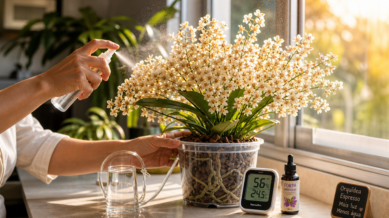 Pessoa borrifa água em orquídea branca ao lado de um medidor digital de umidade e temperatura.