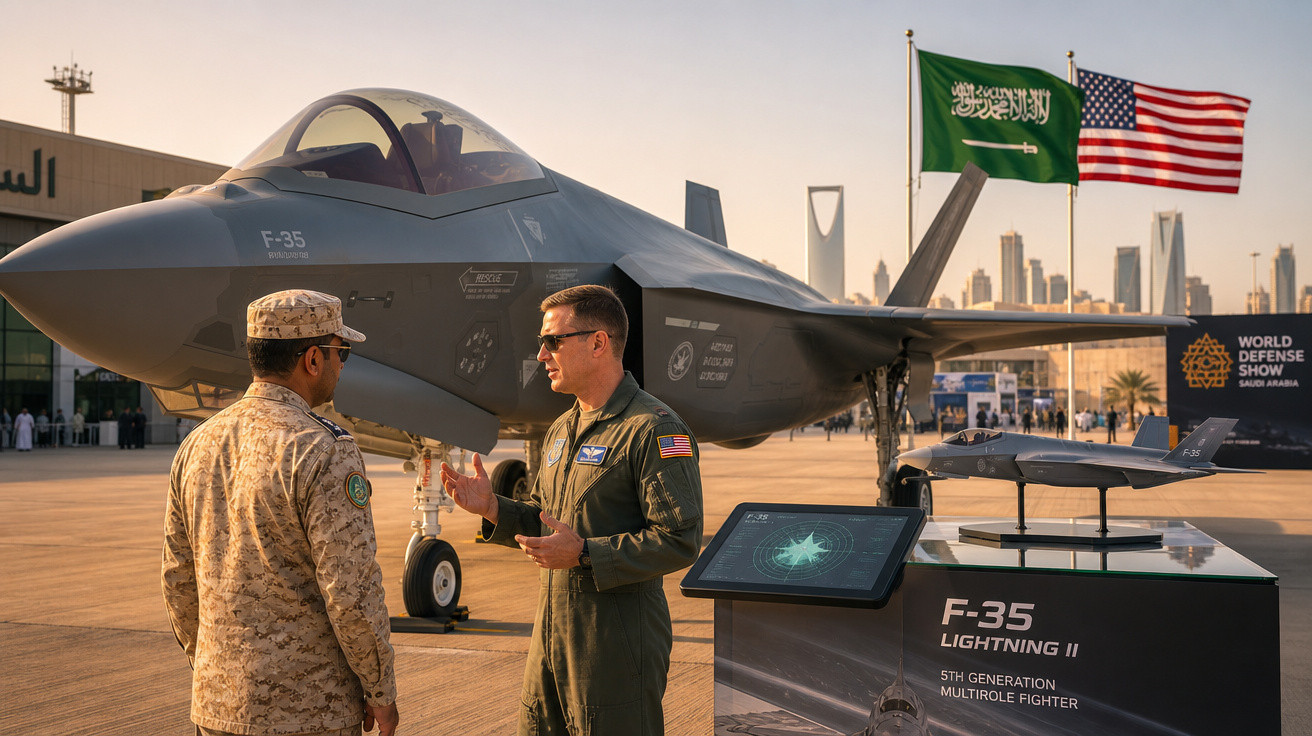 Dois militares conversam em frente a um caça F-35 Lightning II em exposição ao ar livre com bandeiras dos EUA e Arábia Saudit
