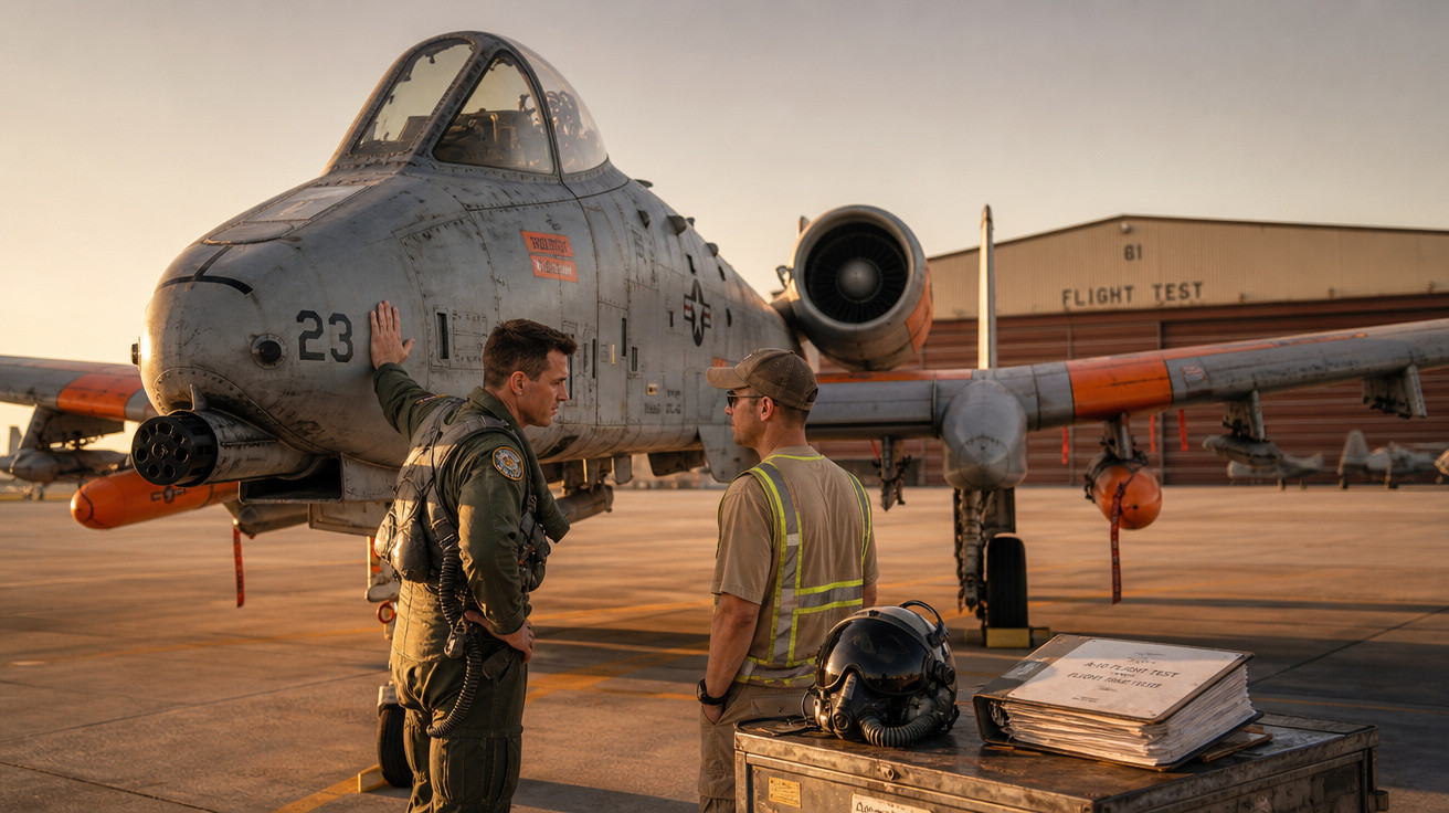 Dois homens conversam próxima a um caça A-10 Thunderbolt II em pista de aeroporto ao entardecer.