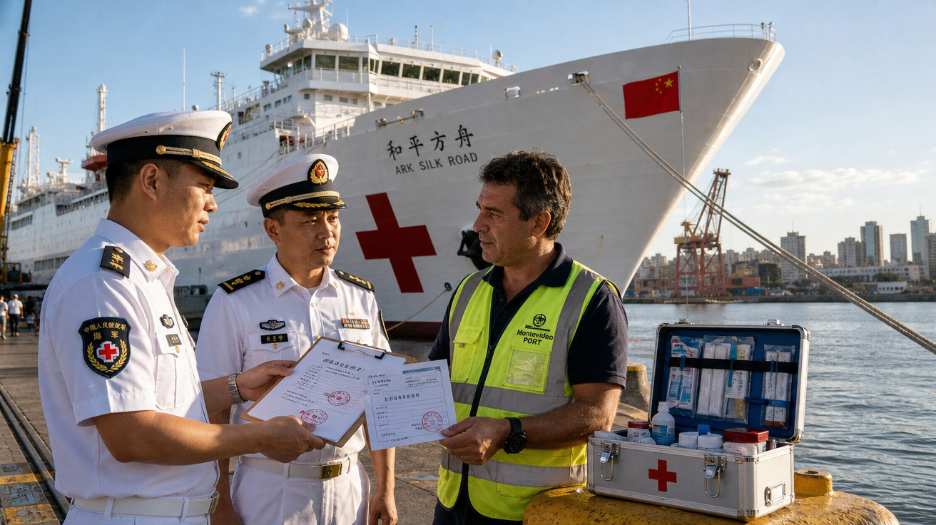 Dois militares chineses e um homem com colete de porto trocam documentos em porto com navio hospital ARK SILK ROAD ao fundo.