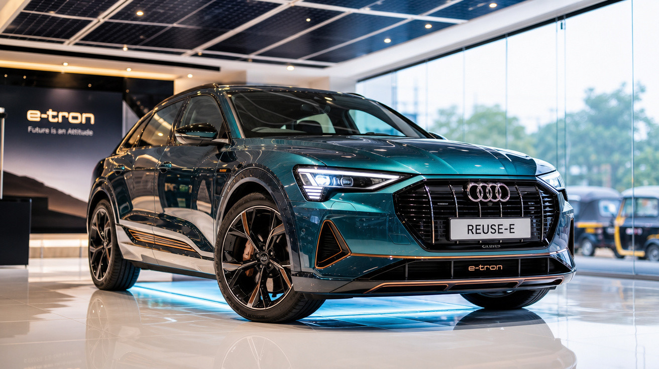 Carro elétrico Audi e-tron verde exposto em showroom moderno com iluminação clara e vidro ao fundo.