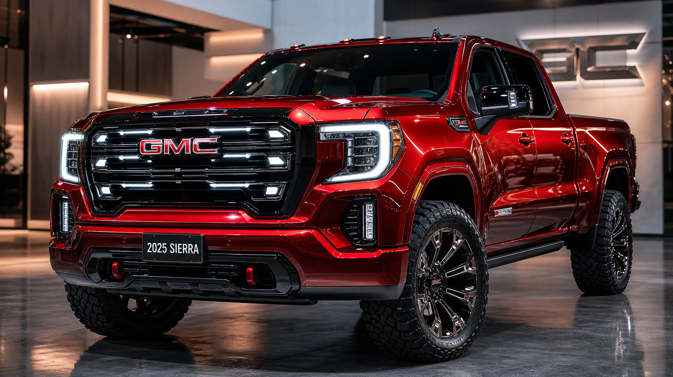 Picape vermelha GMC Sierra 2025 estacionada em showroom moderno com iluminação interna.
