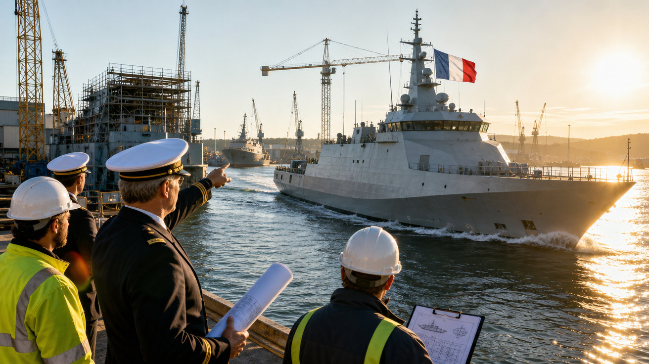 Homens em capacetes e uniformes observam navio militar com bandeira da França navegando em porto ao pôr do sol.