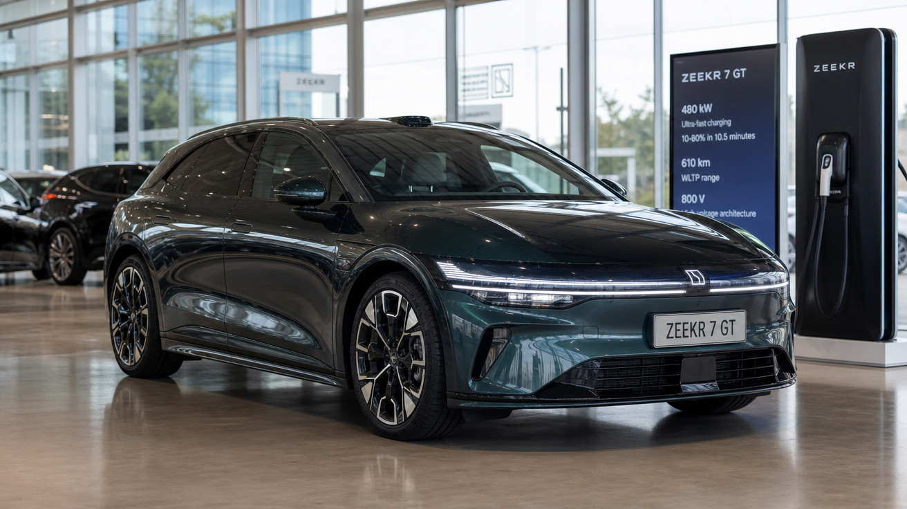 Carro elétrico preto Zeekr 7 GT em exposição com estação de recarga em ambiente interno moderno.
