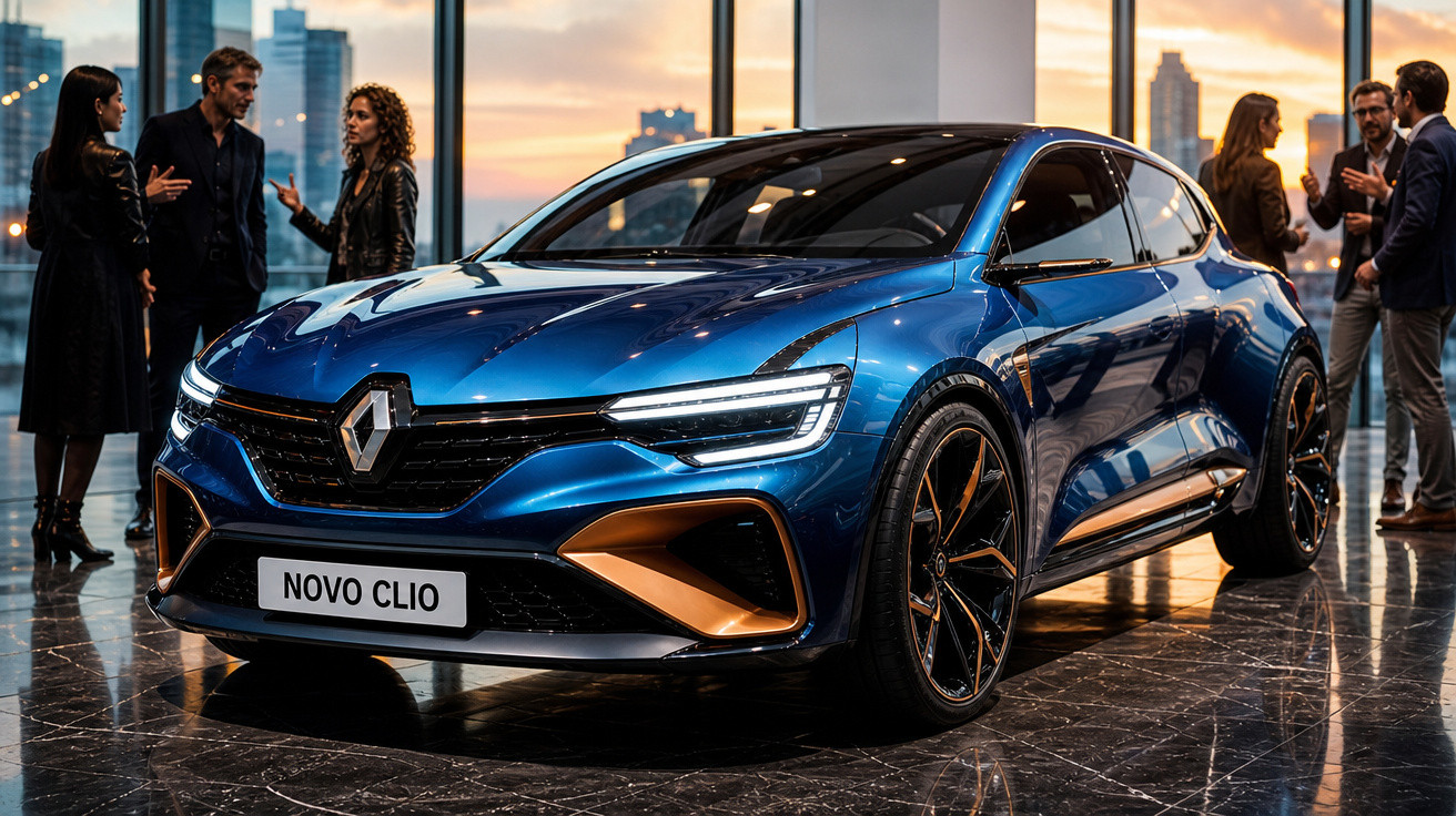 Carro azul Renault Novo Clio em salão moderno com pessoas conversando ao fundo no pôr do sol.
