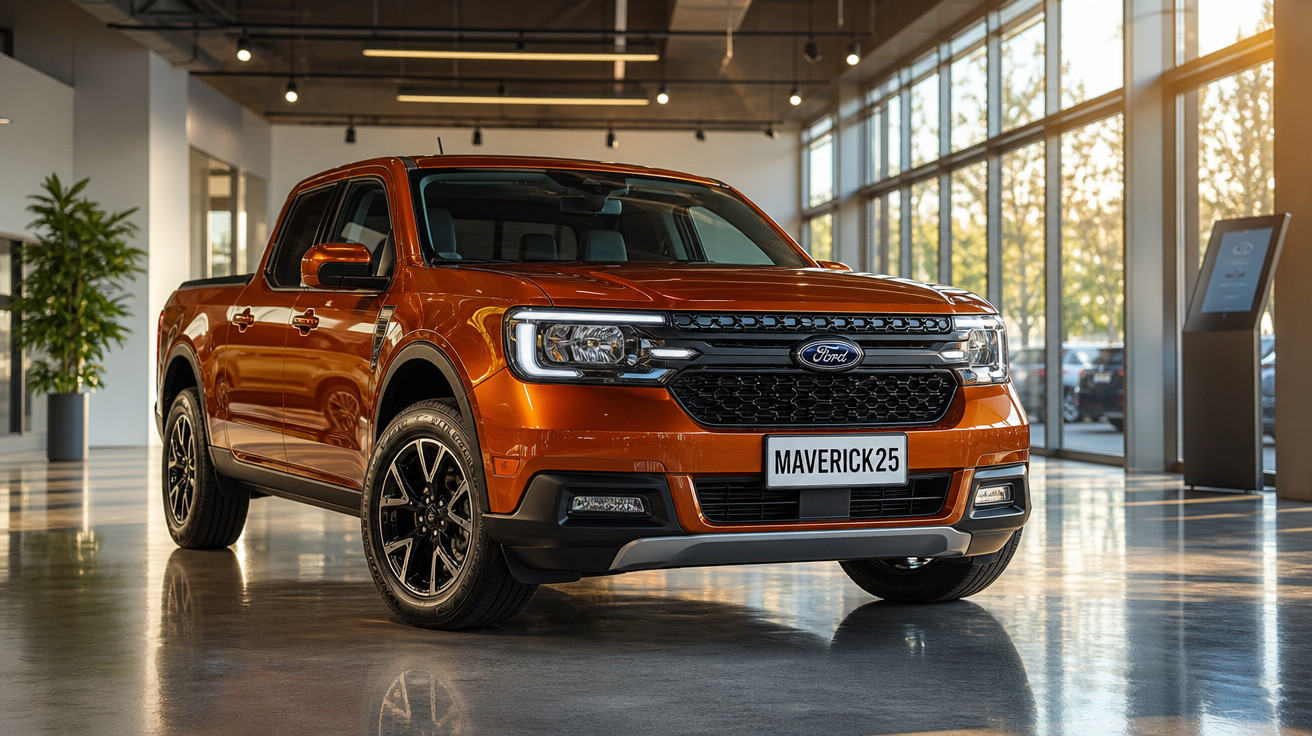 Picape Ford Maverick laranja em exibição dentro de showroom moderno com iluminação natural.