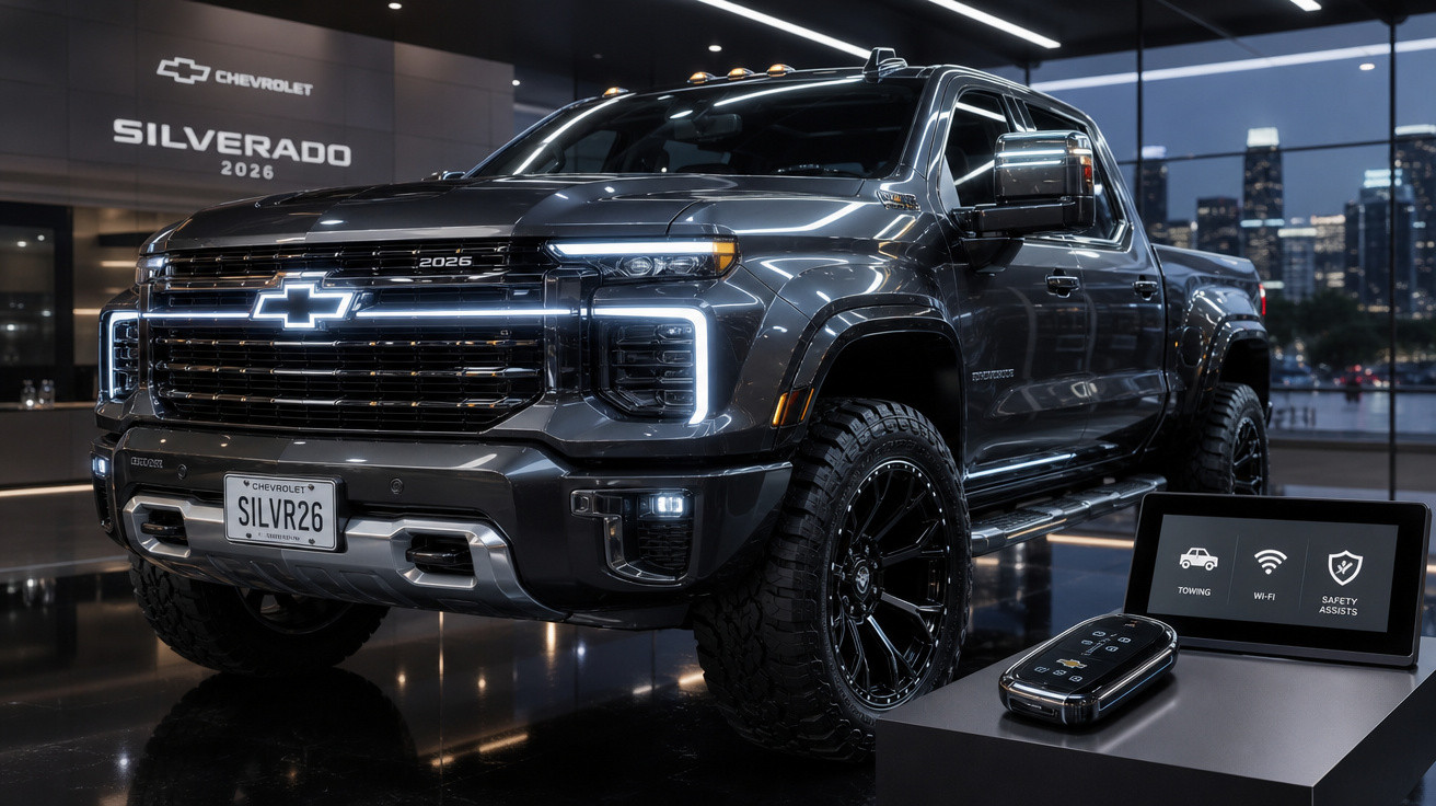 Picape Chevrolet Silverado 2026 preta exibida em showroom moderno com controle e tela digital ao lado.
