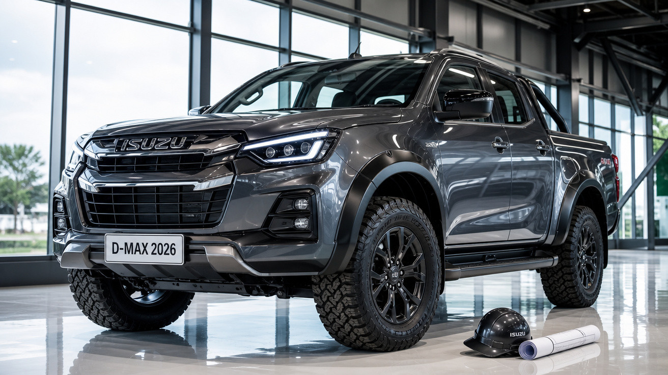 Picape Isuzu D-Max 2026 cinza exibida em showroom moderno com capacete e plantas ao lado.